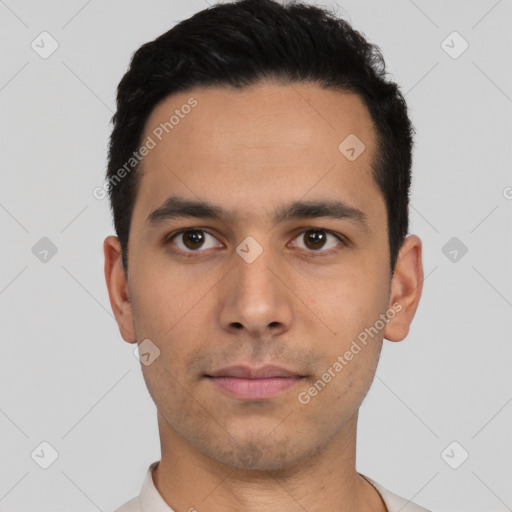 Neutral latino young-adult male with short  black hair and brown eyes