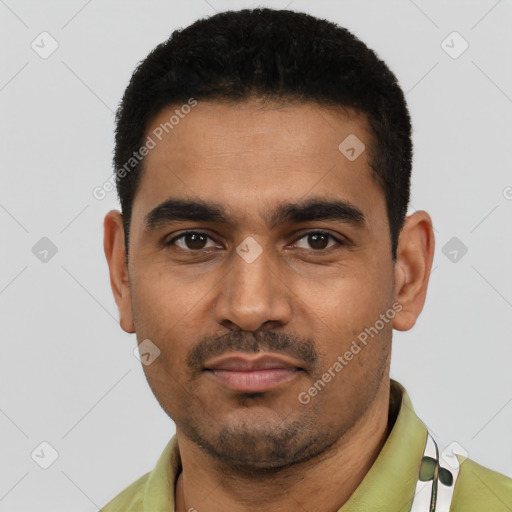 Neutral latino young-adult male with short  black hair and brown eyes