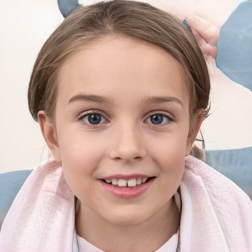 Joyful white child female with medium  brown hair and blue eyes