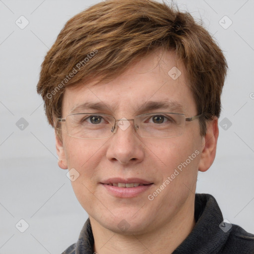 Joyful white adult male with short  brown hair and grey eyes