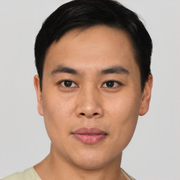 Neutral asian young-adult male with short  black hair and brown eyes