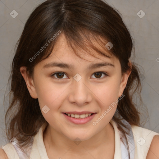 Joyful white child female with medium  brown hair and brown eyes