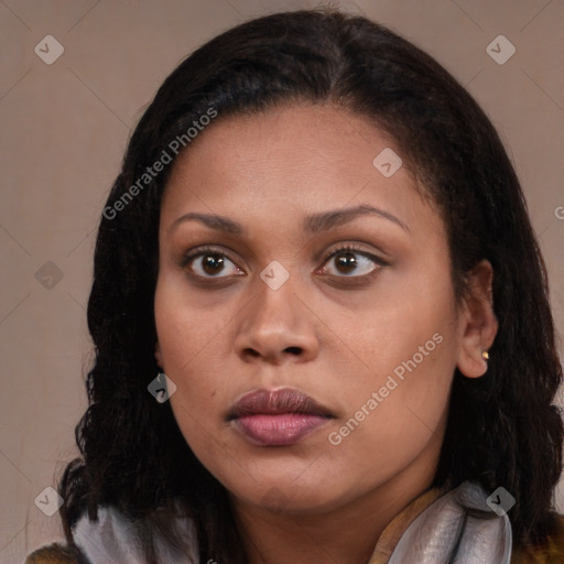 Joyful black young-adult female with medium  brown hair and brown eyes