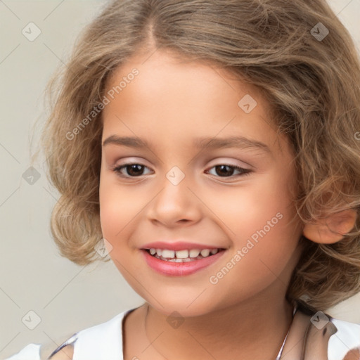 Joyful white child female with medium  brown hair and brown eyes