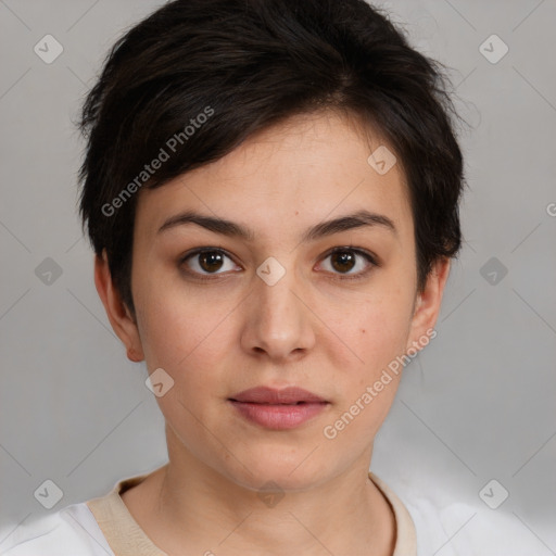 Neutral white young-adult female with short  brown hair and brown eyes