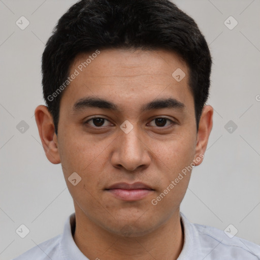 Neutral asian young-adult male with short  brown hair and brown eyes