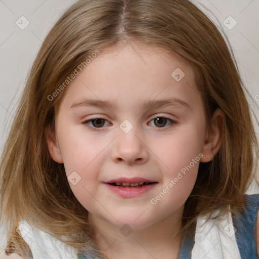 Joyful white child female with medium  brown hair and brown eyes