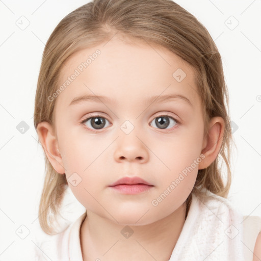 Neutral white child female with medium  brown hair and blue eyes