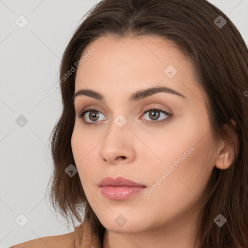 Neutral white young-adult female with long  brown hair and brown eyes