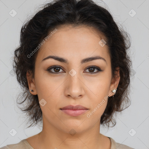 Neutral latino young-adult female with medium  brown hair and brown eyes