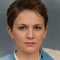 Neutral white young-adult female with short  brown hair and brown eyes