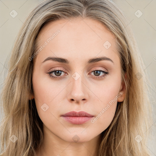 Neutral white young-adult female with long  brown hair and brown eyes