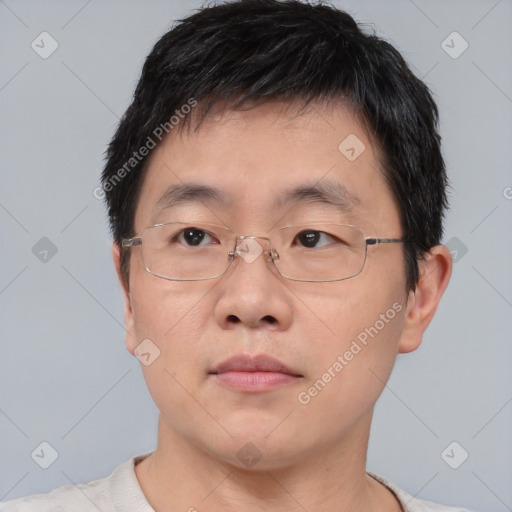 Neutral asian adult male with short  brown hair and brown eyes