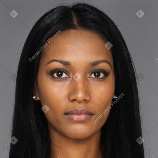 Neutral asian young-adult female with long  black hair and brown eyes