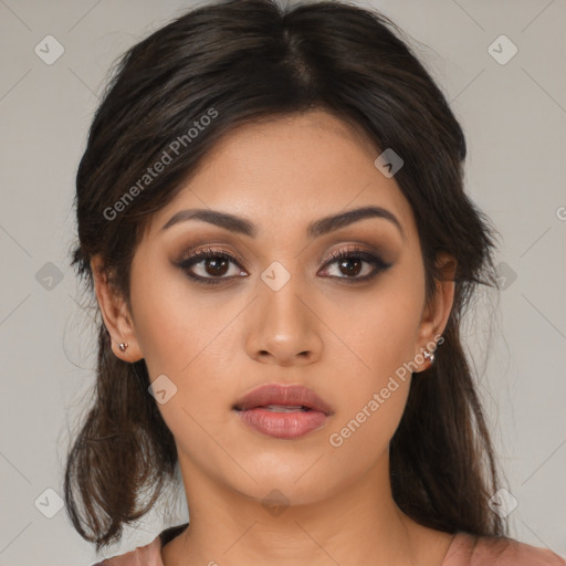 Neutral asian young-adult female with medium  brown hair and brown eyes