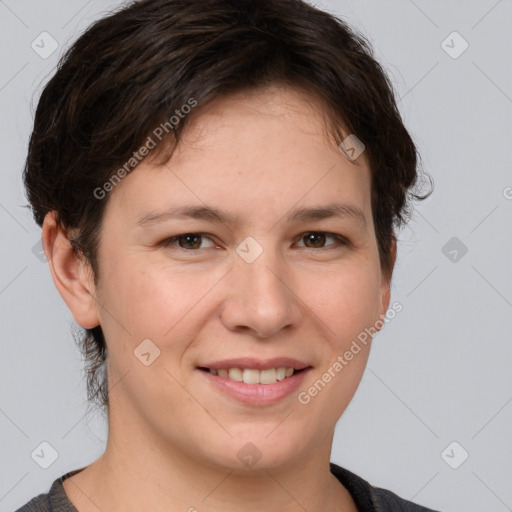 Joyful white young-adult female with medium  brown hair and brown eyes