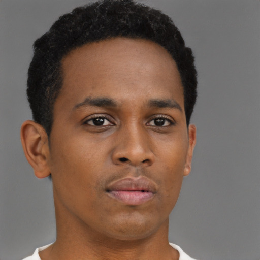 Neutral black young-adult male with short  brown hair and brown eyes