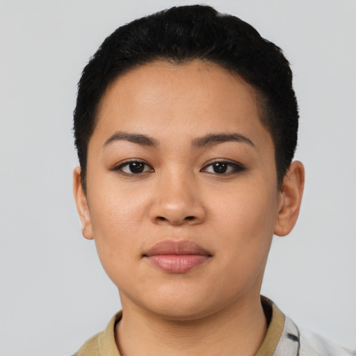 Neutral latino young-adult female with short  black hair and brown eyes