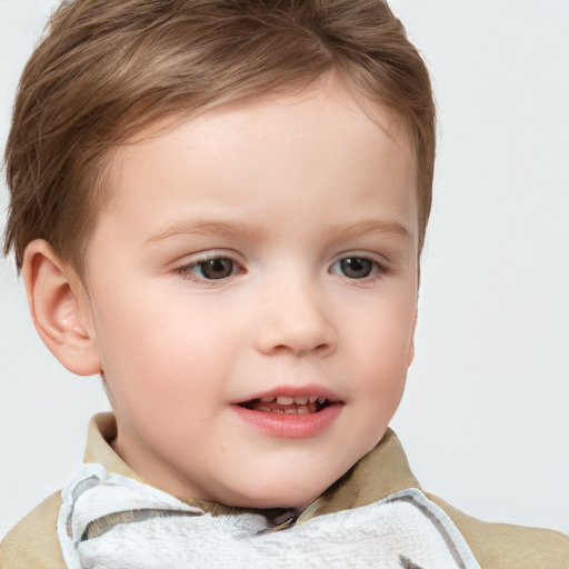 Joyful white child female with short  brown hair and brown eyes