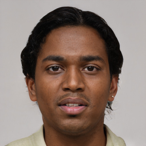 Neutral black young-adult male with short  black hair and brown eyes