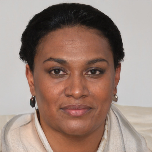 Joyful black adult female with short  black hair and brown eyes
