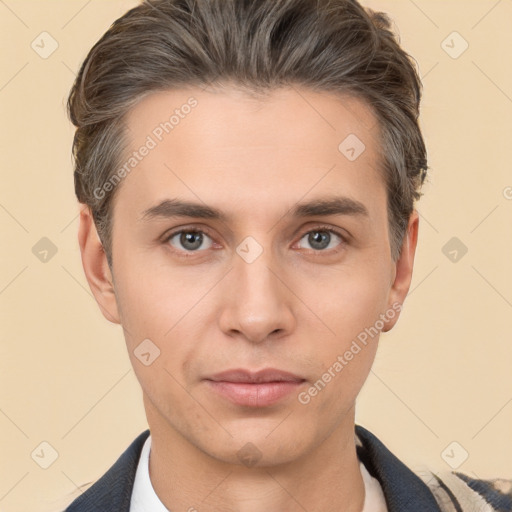 Neutral white young-adult male with short  brown hair and brown eyes