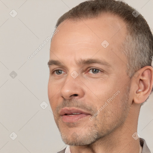 Neutral white adult male with short  brown hair and brown eyes