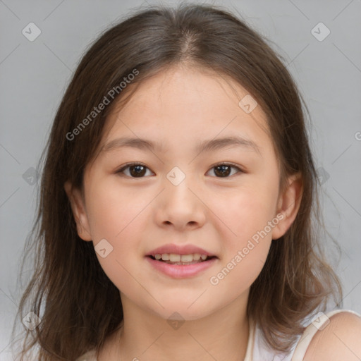 Joyful white child female with medium  brown hair and brown eyes