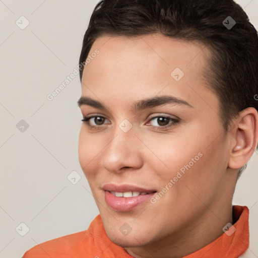 Joyful white young-adult female with short  brown hair and brown eyes