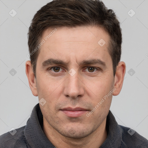 Neutral white adult male with short  brown hair and brown eyes