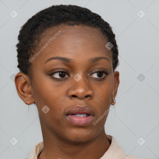 Neutral black young-adult female with short  brown hair and brown eyes