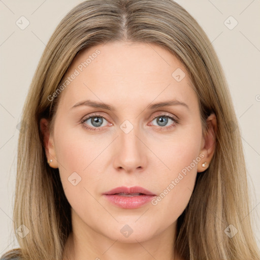 Neutral white young-adult female with long  brown hair and blue eyes