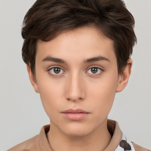 Neutral white young-adult female with short  brown hair and brown eyes