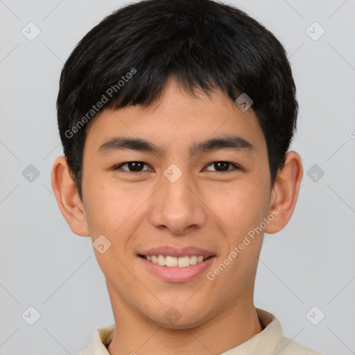 Joyful asian young-adult male with short  brown hair and brown eyes