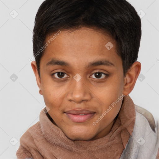 Joyful black young-adult male with short  brown hair and brown eyes