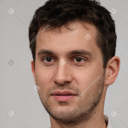 Neutral white young-adult male with short  brown hair and brown eyes