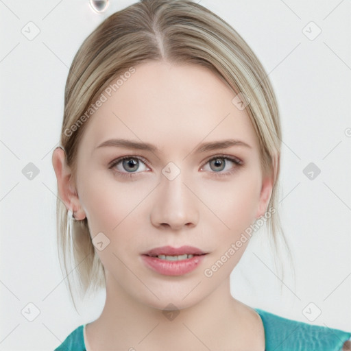 Neutral white young-adult female with medium  brown hair and grey eyes