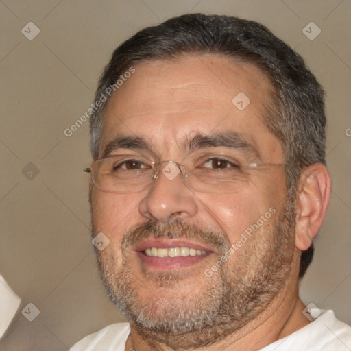 Joyful white middle-aged male with short  brown hair and brown eyes