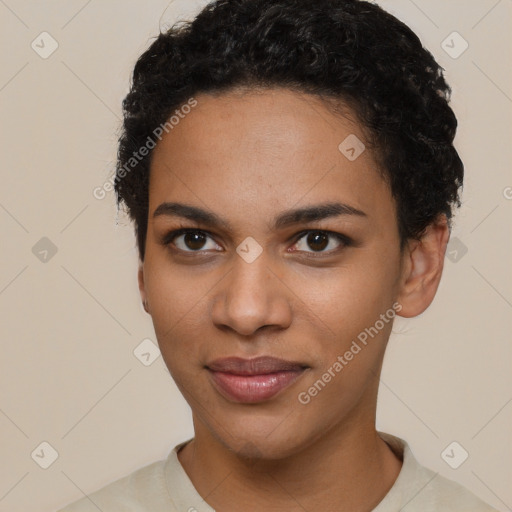 Joyful latino young-adult female with short  black hair and brown eyes