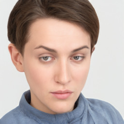 Neutral white young-adult female with short  brown hair and grey eyes