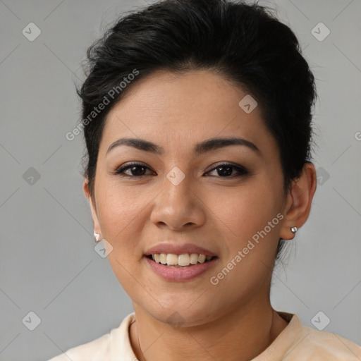 Joyful asian young-adult female with short  brown hair and brown eyes