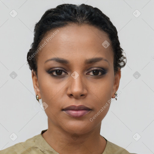 Neutral black young-adult female with short  black hair and brown eyes
