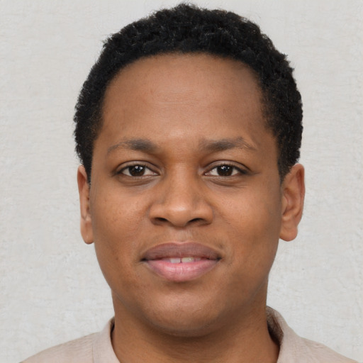 Joyful black young-adult male with short  black hair and brown eyes