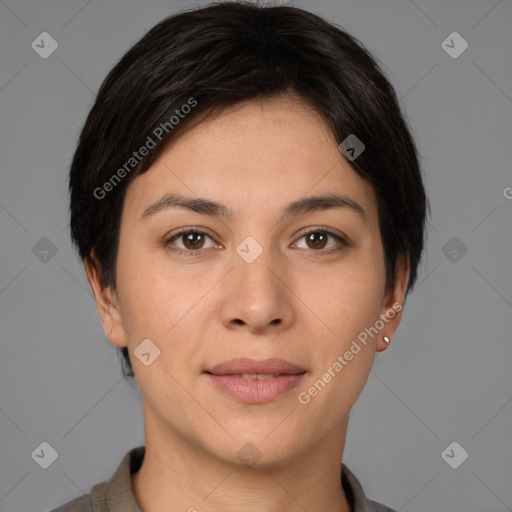 Joyful white young-adult female with short  brown hair and brown eyes