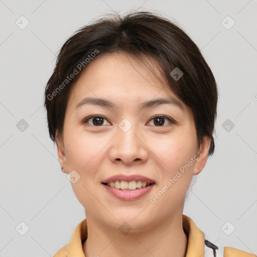 Joyful white young-adult female with short  brown hair and brown eyes