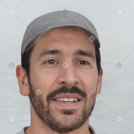 Joyful white young-adult male with short  black hair and brown eyes