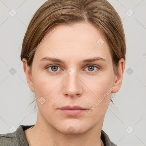 Neutral white young-adult female with short  brown hair and grey eyes