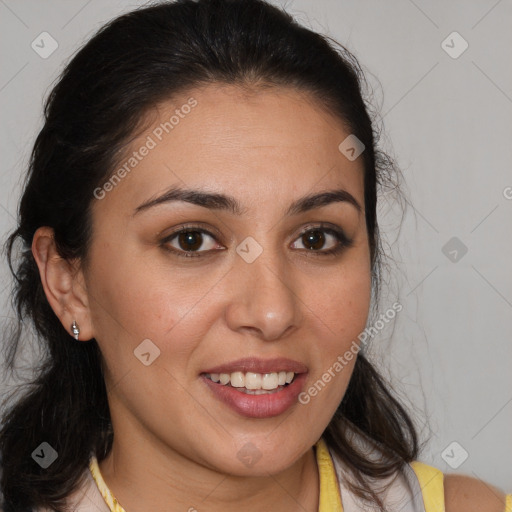 Joyful white young-adult female with medium  brown hair and brown eyes