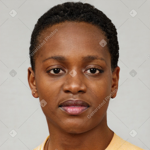 Neutral black young-adult female with short  brown hair and brown eyes