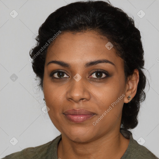 Joyful black young-adult female with medium  black hair and brown eyes